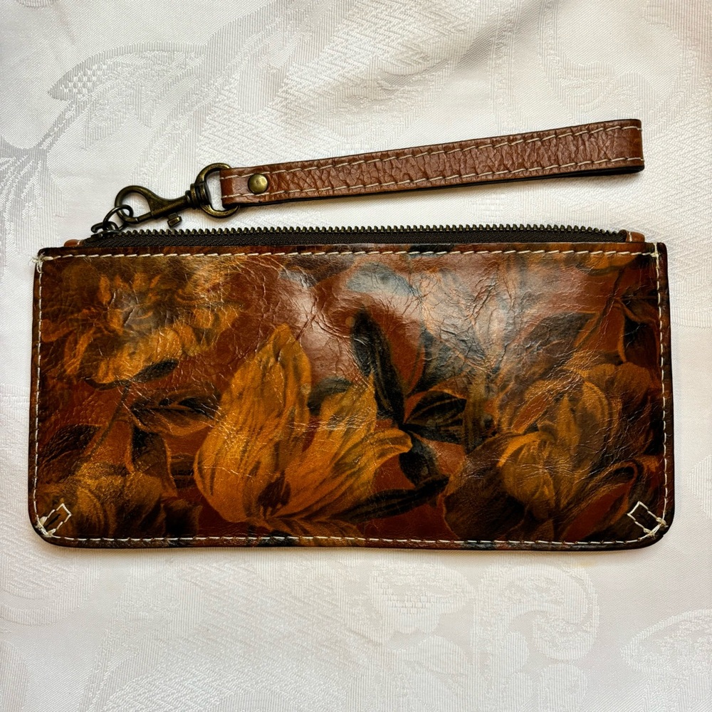 Patricia Nash Floral Leather Wristlet - Brown & Mustard Tones